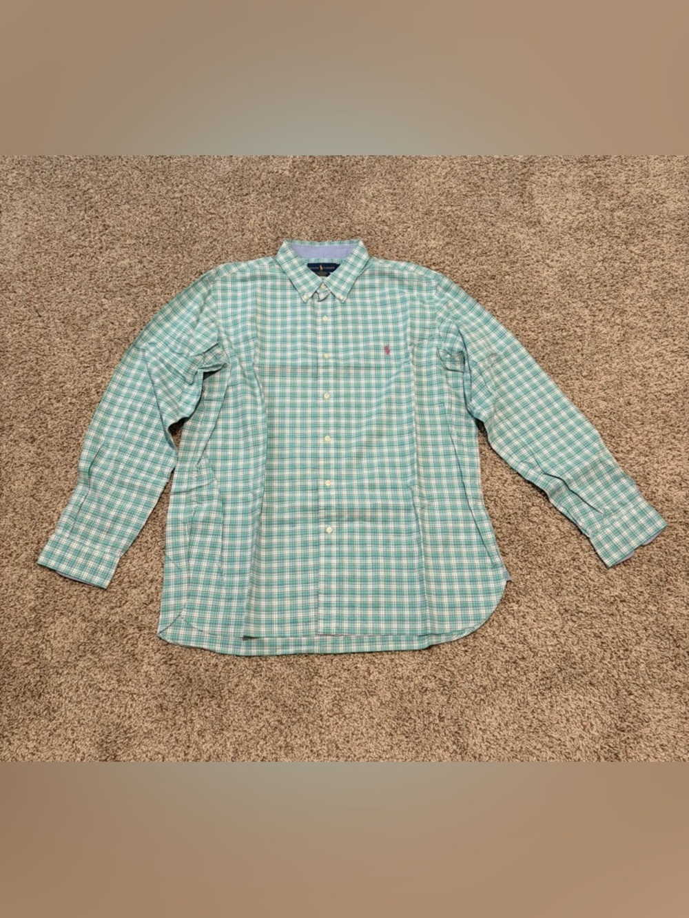 Ralph Lauren Light Green Plaid Button-Up Dress Shirt